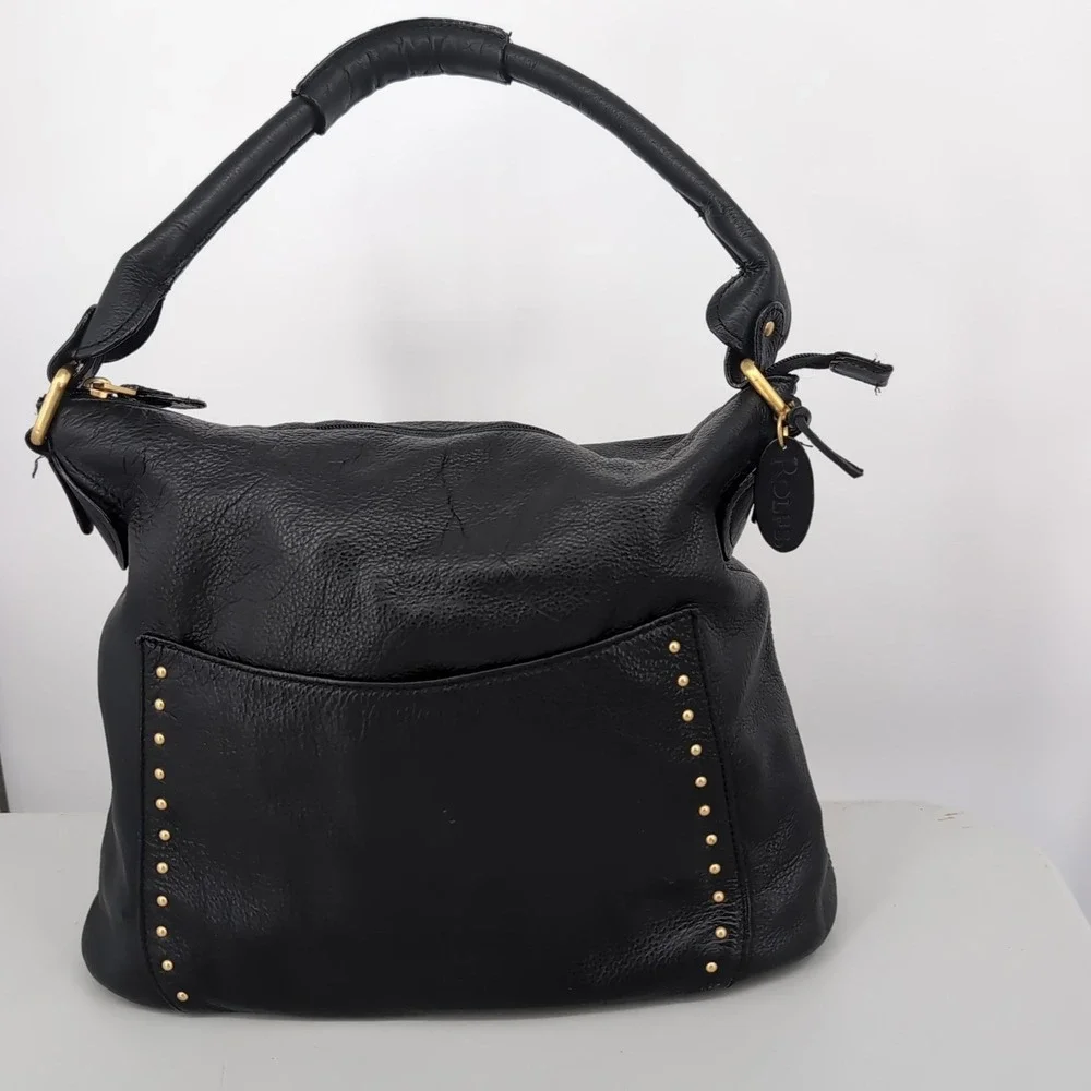 Rolfs Black Cowhide Leather Studded Hobo Shoulder Bag Gold Hardware